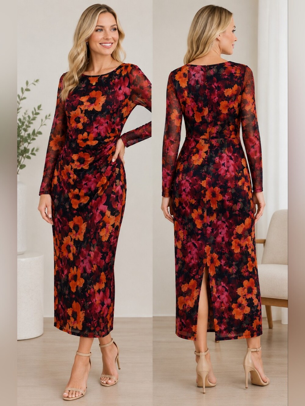 Vince Camuto Burgundy & Orange Floral Long-Sleeve Sheath Dress Size 8